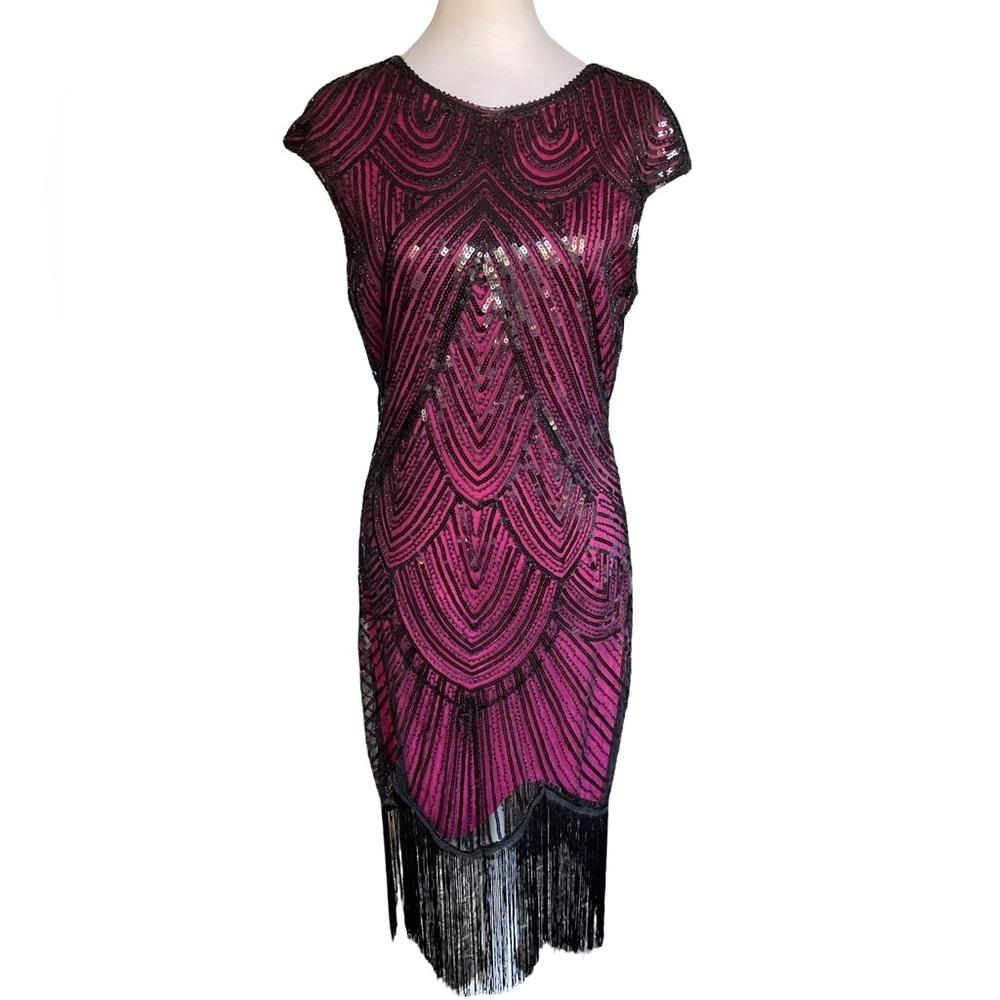 Fundaisy Pink and Black Sequin Flapper Dress with Fringe Womens Medium